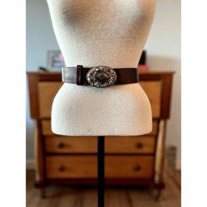 Avignon Designer Brown Leather Belt Silver Belt Buckle Rock Mosaic Design / Cowb